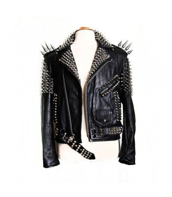 Women Black Color Leather Jacket Spice Women Silver Studded Genuine Leather Jacket 